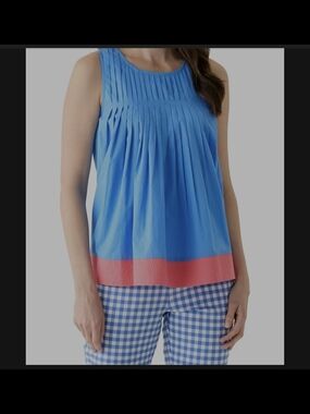 Crown And Ivy Pleated Blue Sleeveless Top with Coral Hem